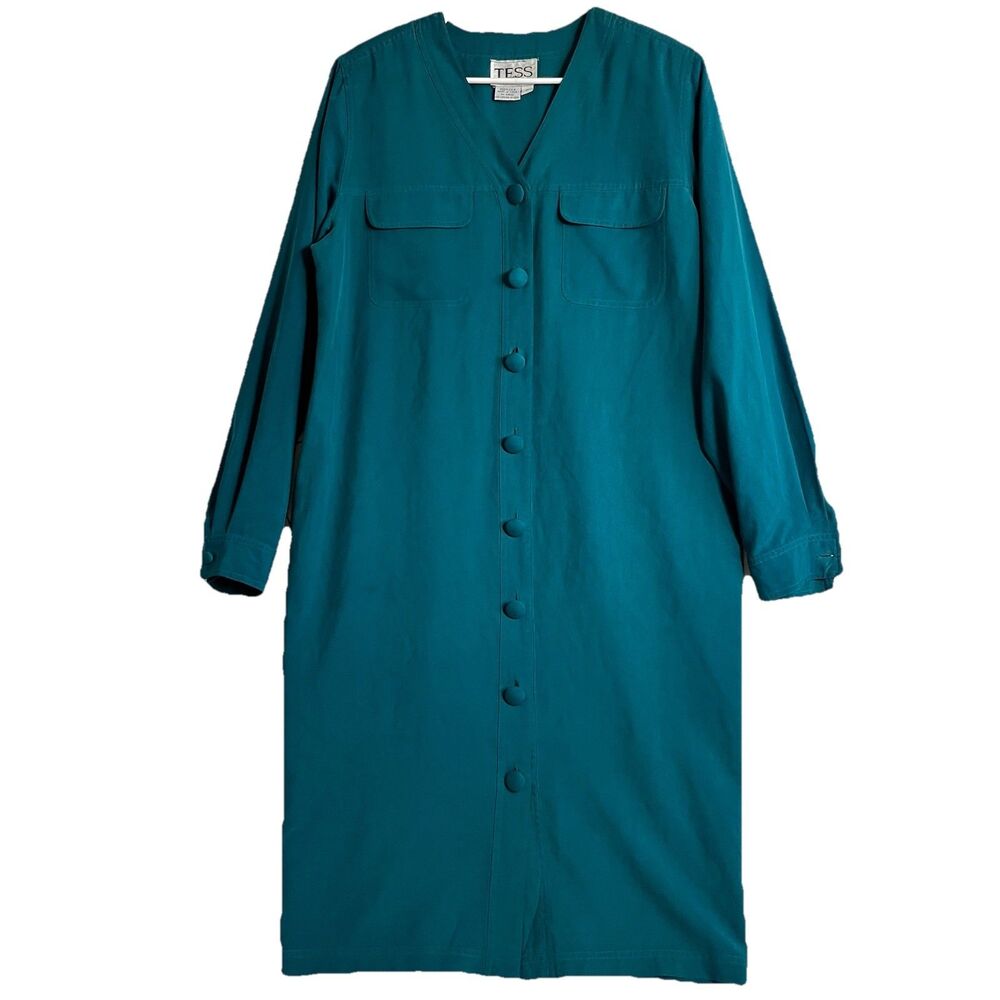 Vintage TESS Dress Women RARE Blue Hippie 100% Pure Silk Button-Up Size 10